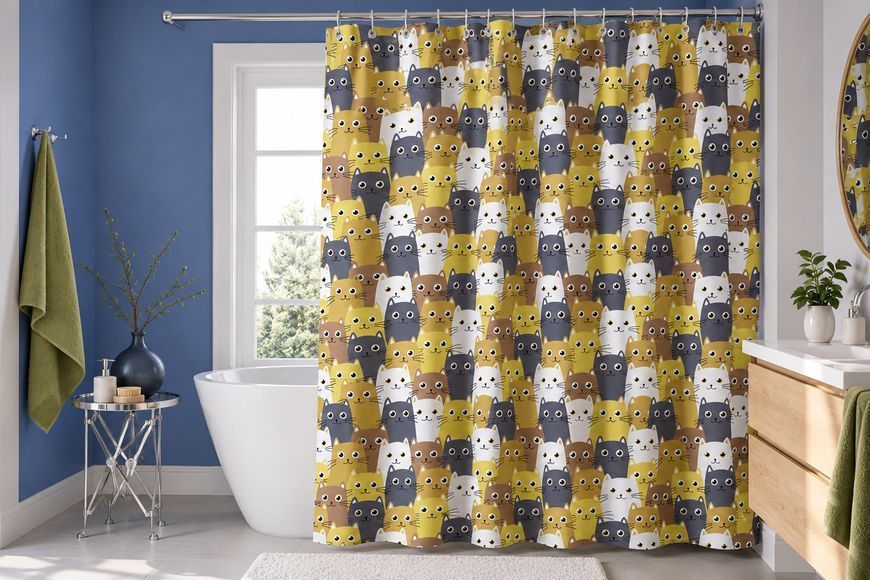 Штора для ванной комнаты и душа 180&times;200 см Tropik Cozy Cats водоотталкивающая тканевая стильная современная турецкая 2616 Vin фото