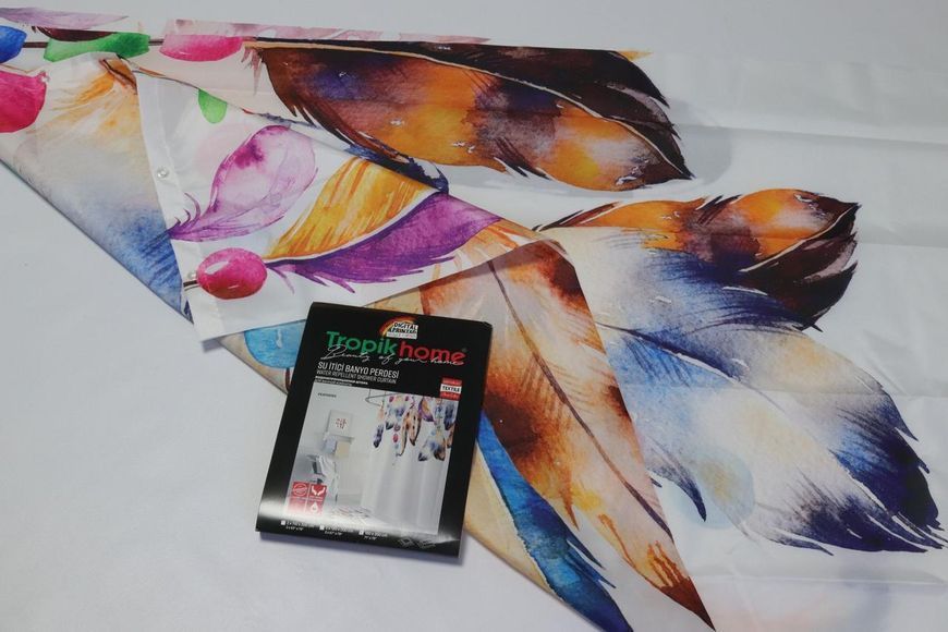 Шторка для ванны и в душевую водоотталкивающая Feathers Tropic 180x200 cм белая с ярким принтом 2093 Vin фото